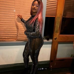 Black Sheer Iridescent Silver Rhinestone Jumpsuit